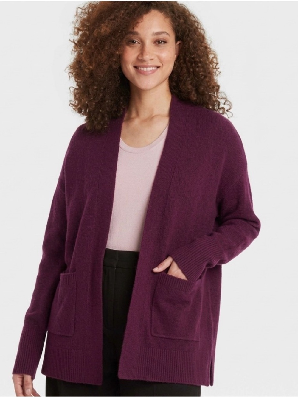a new day Open-Front Plum Cardigan with Pockets XL